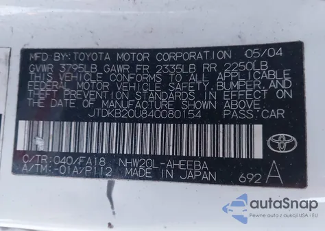 2004 Toyota Prius z USA, uszkodzony, nr VIN JTDKB20U840080154